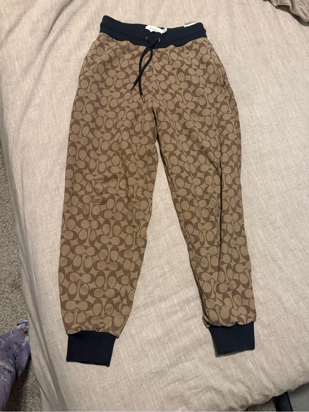 Coach Tan Brown Signature Logo Joggers with Black Trim